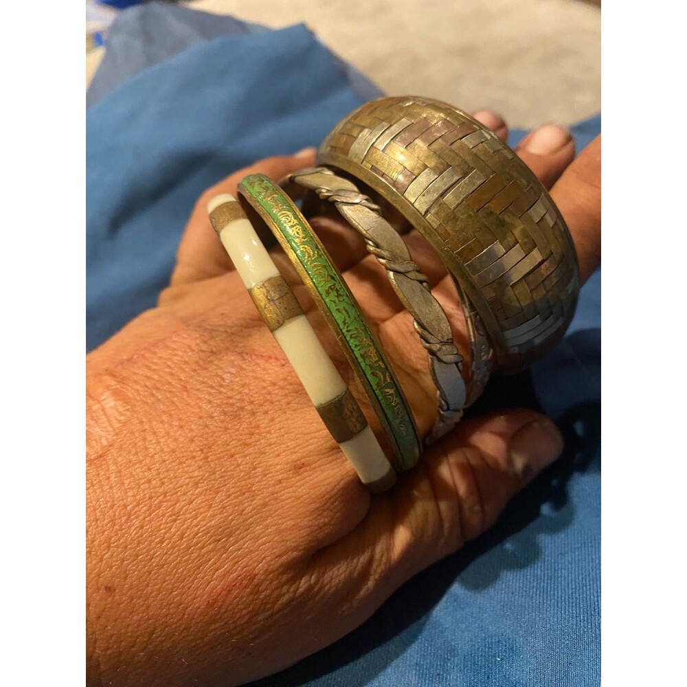 Vintage Brass Bangle Bracelet Set Mixed Metal Artisan Woven Enamel Boho Stack